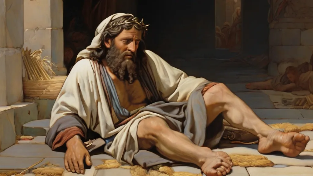 a painting of jesus sitting on the ground