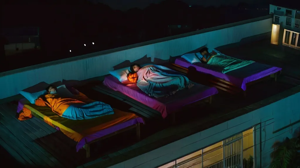 a couple of beds sitting on top of a roof