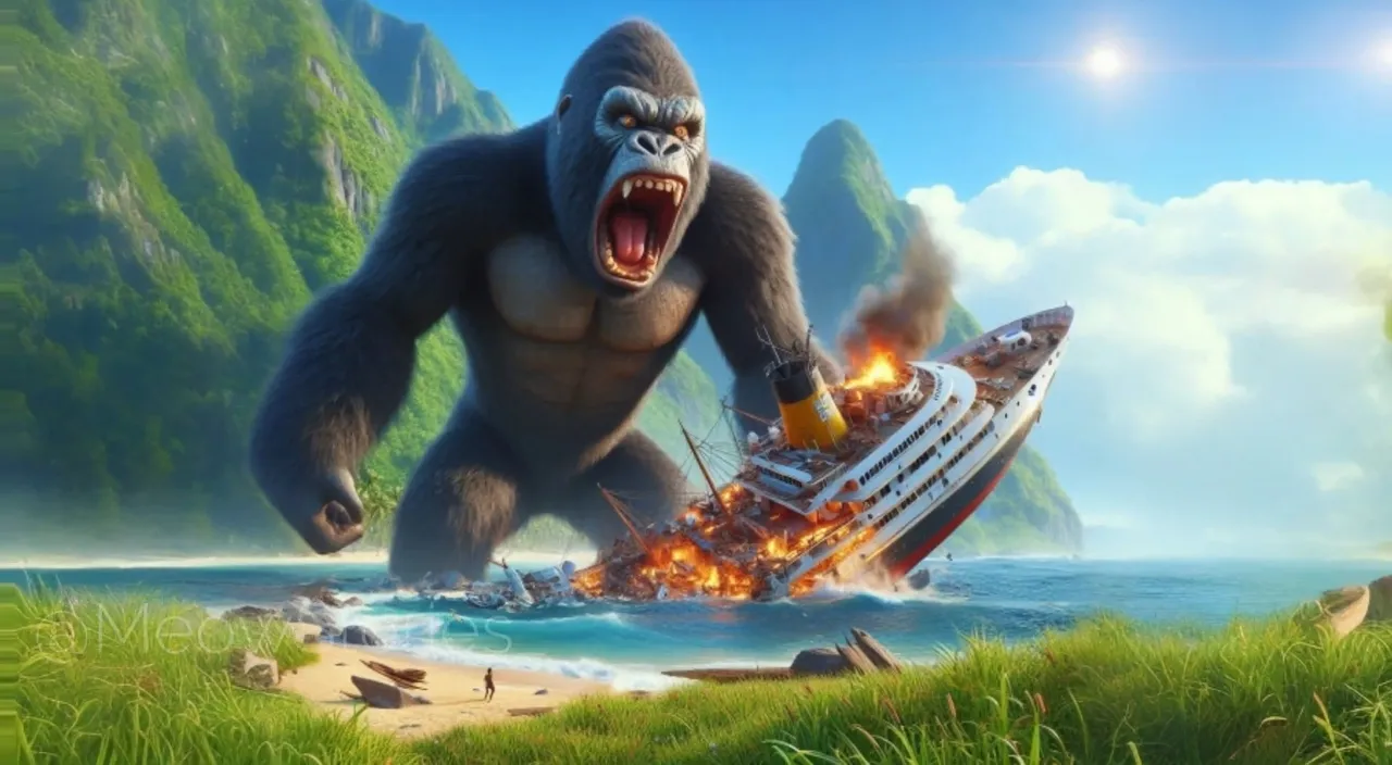 a big gorilla standing next to a boat in the ocean