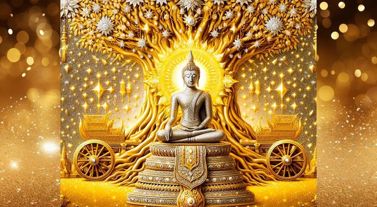 Create a golden buddha with golden background, 8k, size of 1920x1080, colorful
