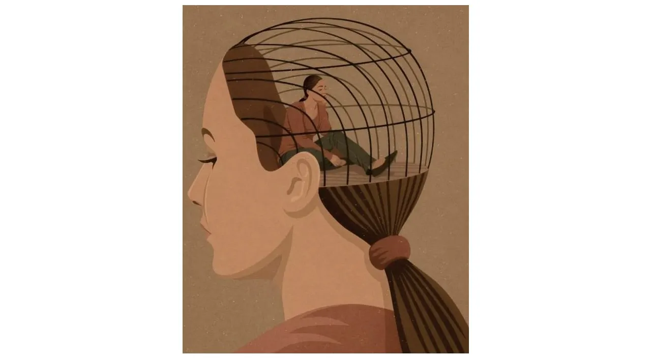 a woman with a bird cage on her head