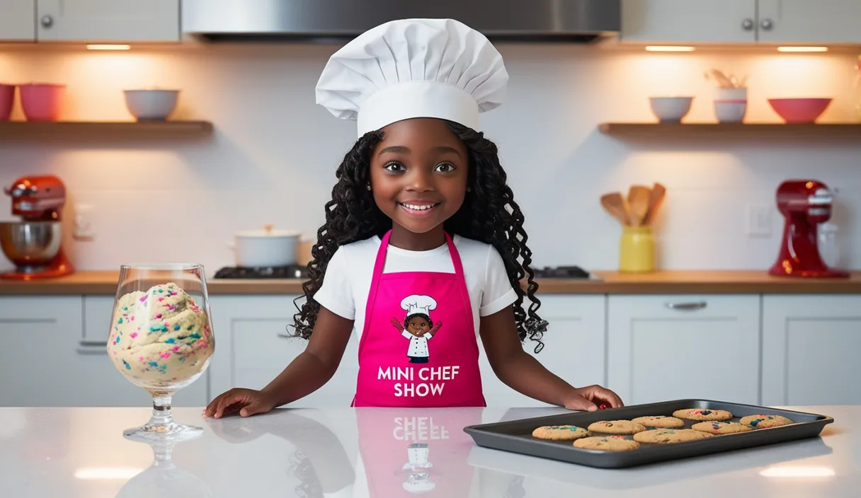 a little girl wearing a chef's hat and apron standing in front of a