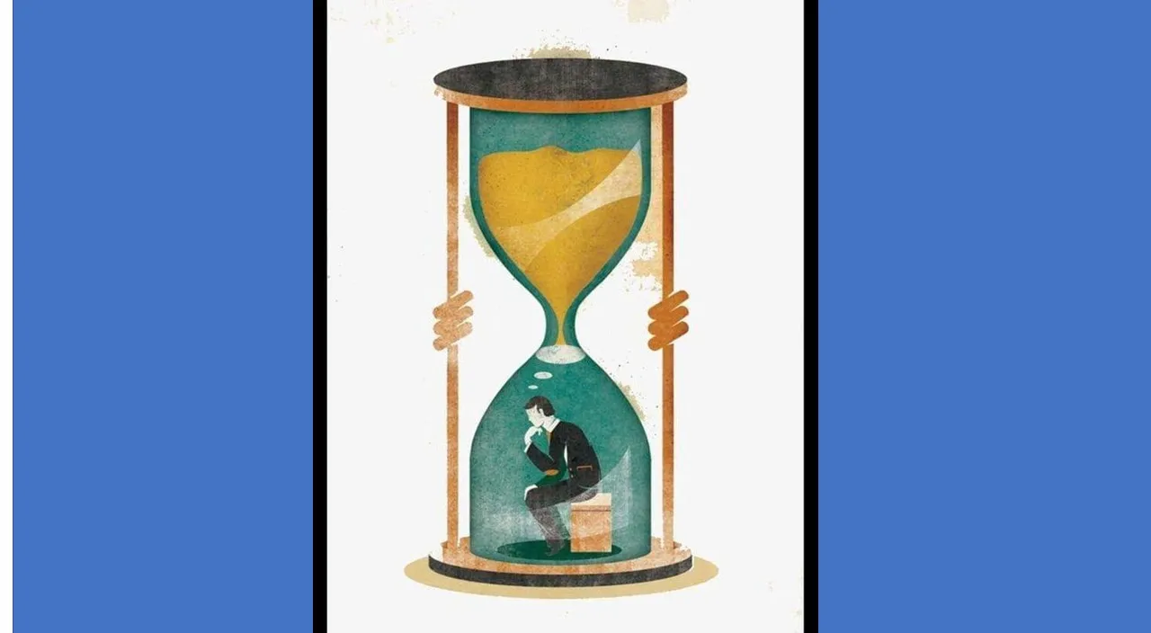 a painting of a man sitting inside of a hourglass