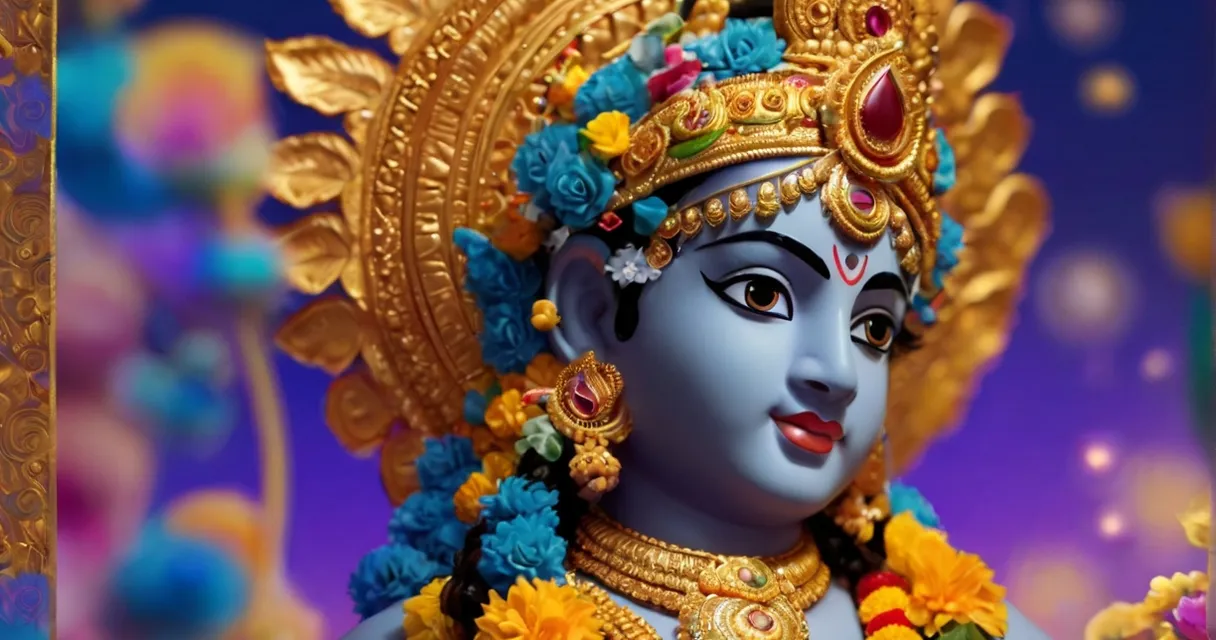 Create a god krishna with a golden background, 8k, size of 1920x1080, colorful