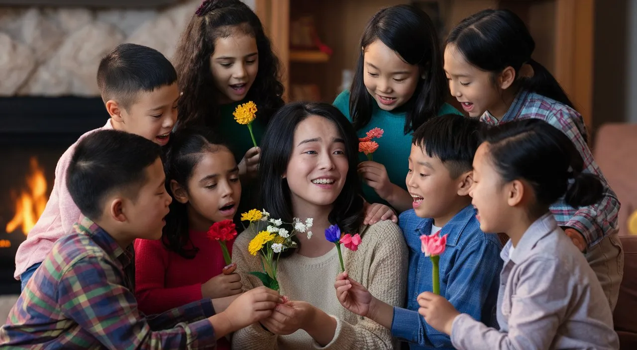 a group of children standing around a woman holding flowers