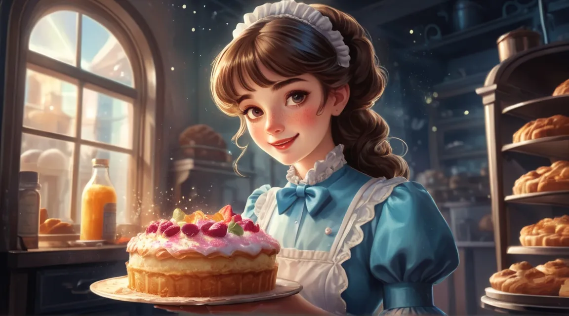 a painting of a girl holding a cake