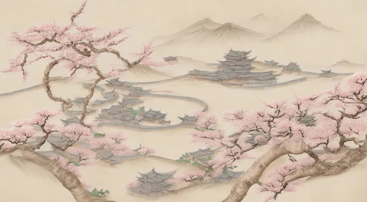 a painting of a landscape with trees and flowers