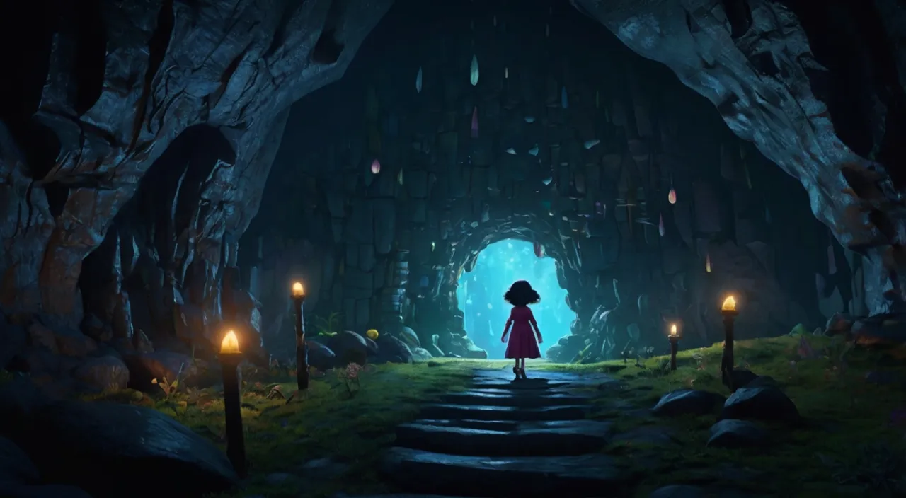 a girl in a red dress is standing in a dark cave