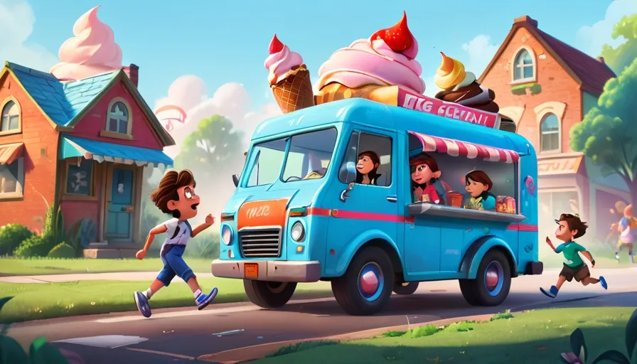 a cartoon ice cream truck driving down a street