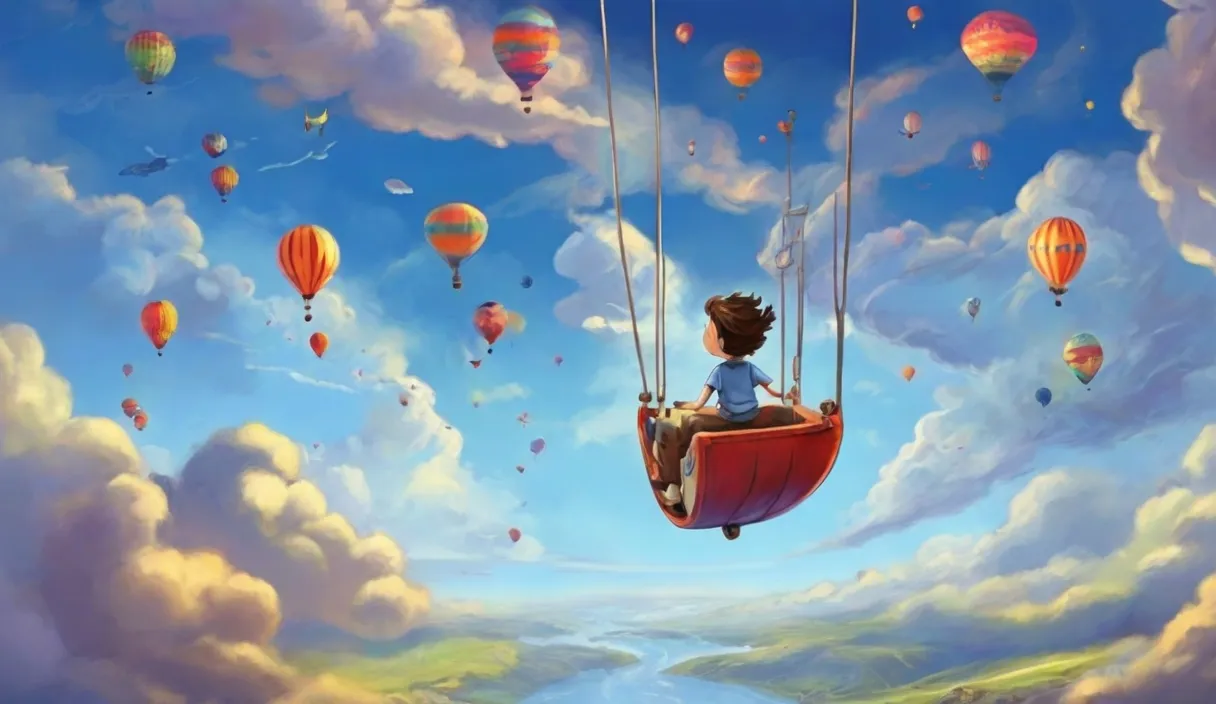 a painting of a boy sitting on a swing in the sky with hot air balloons.cartoon