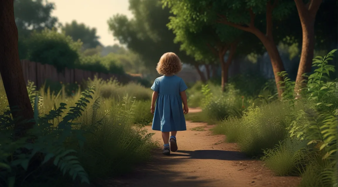 a little girl in a blue dress walking down a dirt road