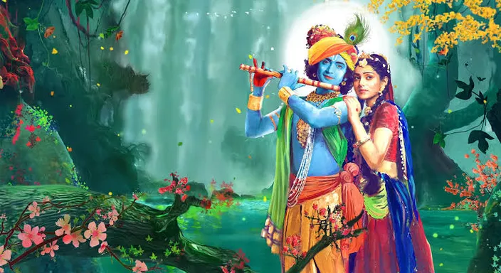 a painting of a couple playing flute in a forest