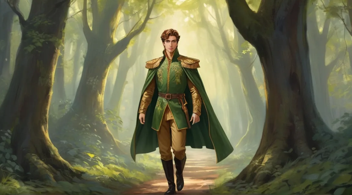 a painting of a man in a green and gold outfit walking through a forest