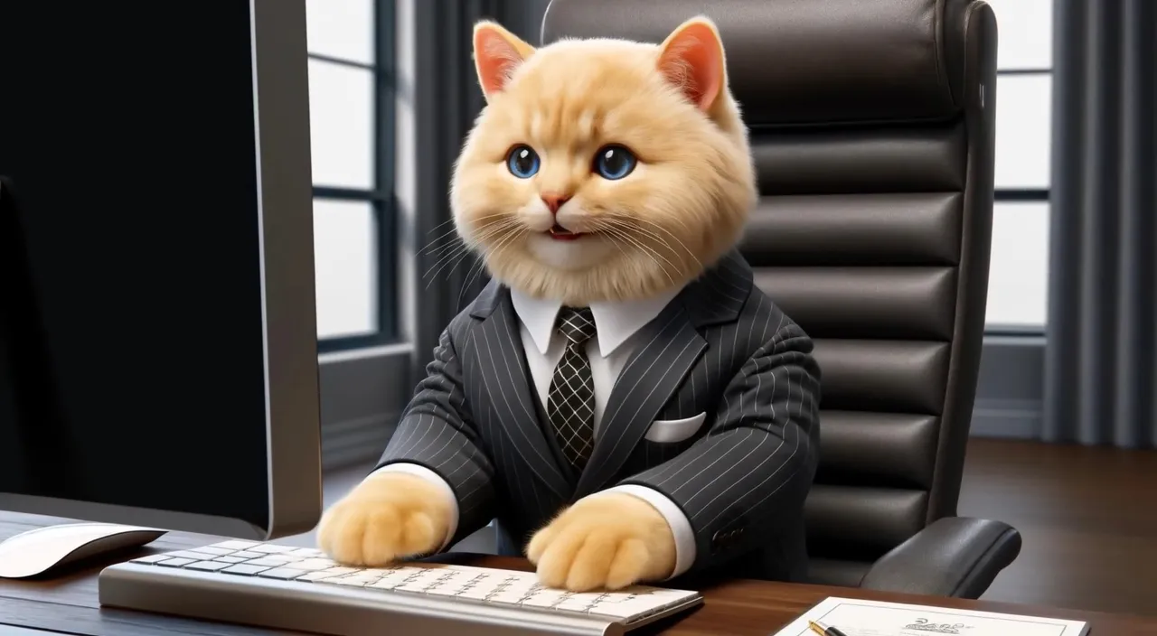 a cat in a suit sitting at a desk