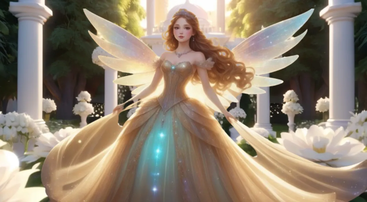 a woman in a dress with glittery wings standing in a garden, her dress flowing in air