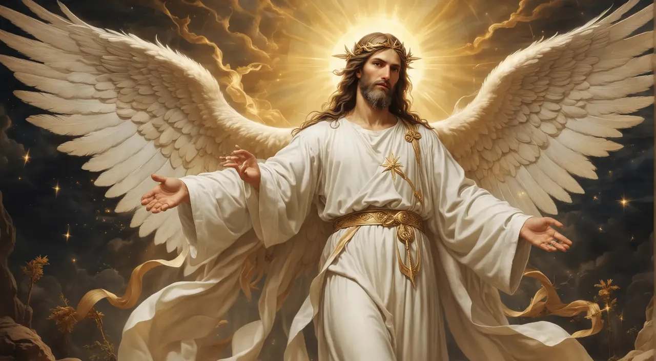 a painting of jesus with wings and halos