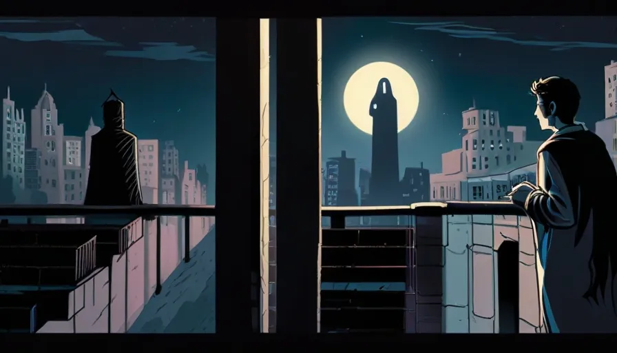 a man looking out a window at a city at night