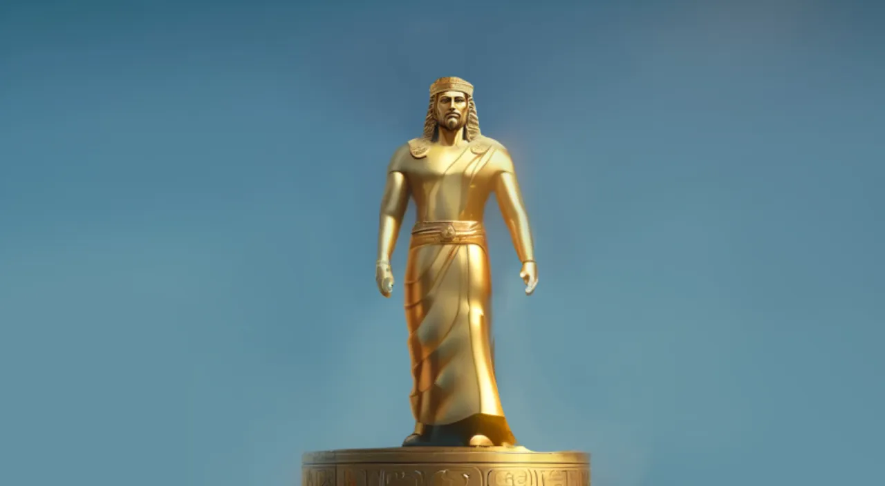 a golden statue of a man standing on top of a golden pedestal