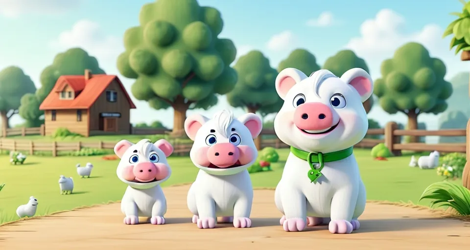 a group of three pigs standing next to each other going left