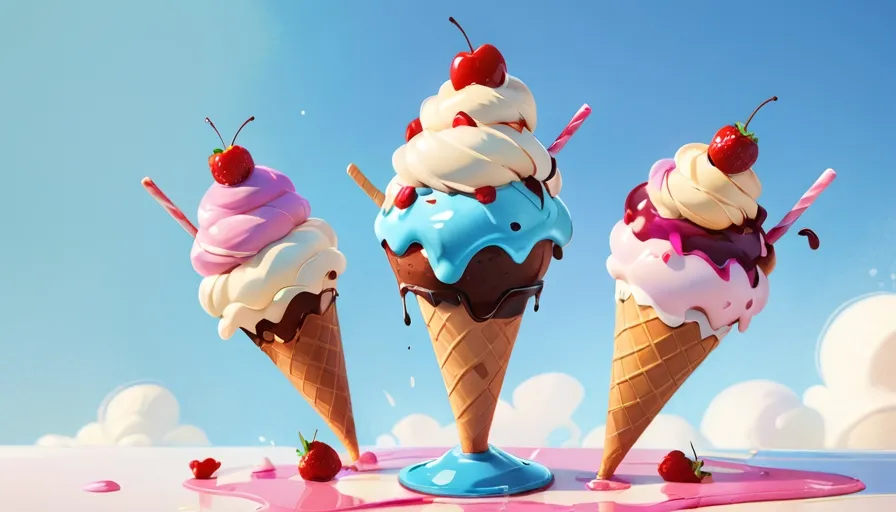 three ice cream cones with cherries on top of them