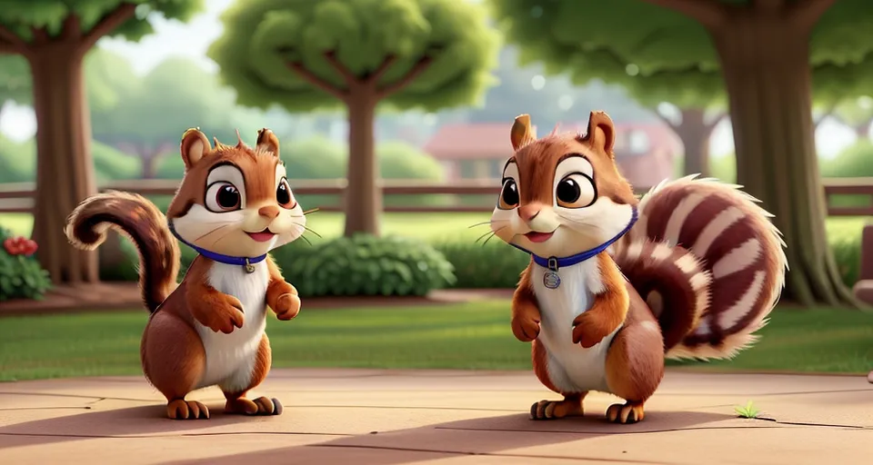 a cartoon squirrel with a blue collar standing next to another squirrel