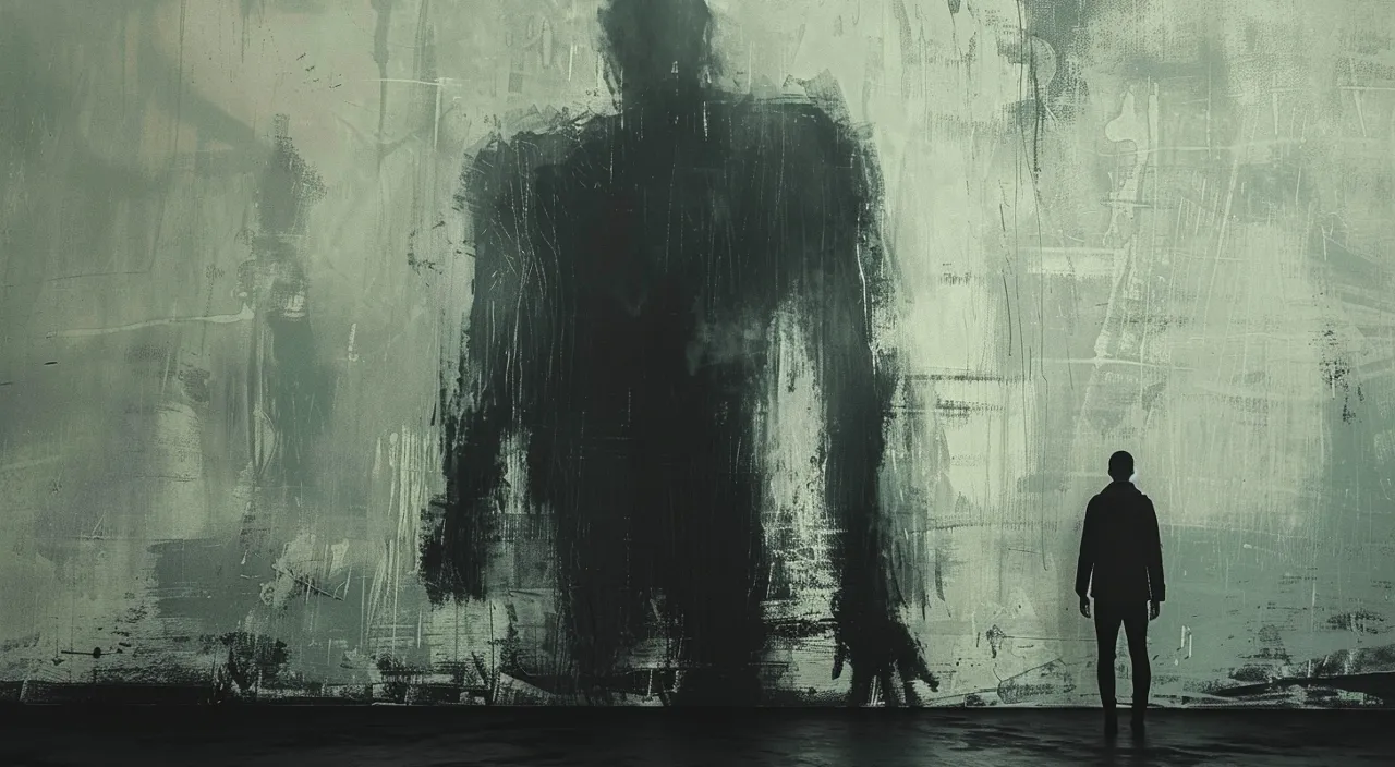 a painting of a man standing in front of a giant shadow