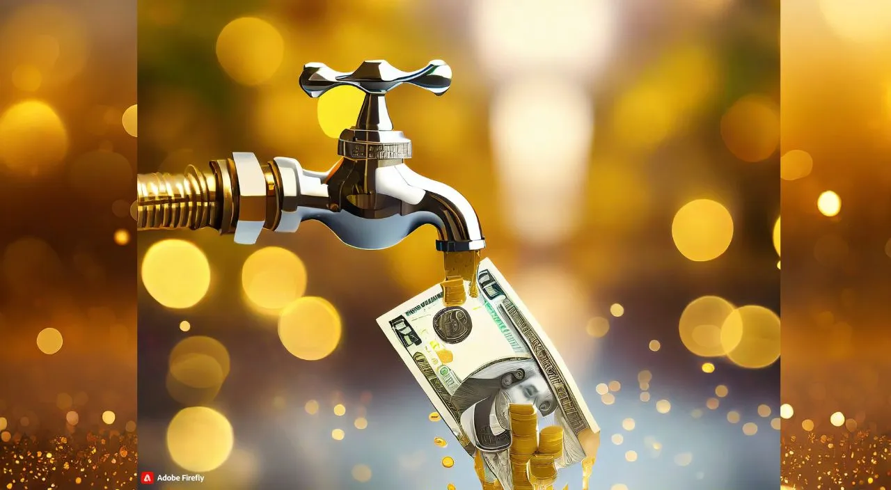 create a falling Money with golden background, 8k, size of 1920x1080, colorful
