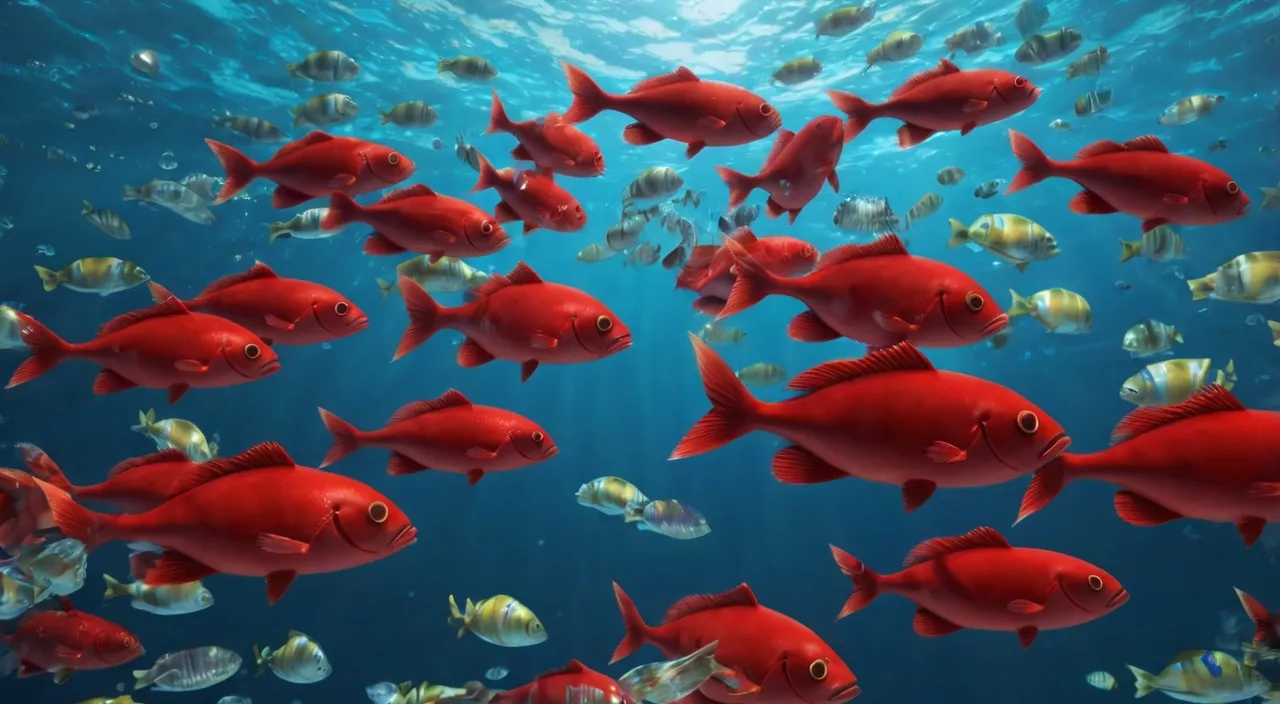 a large group of red fish swimming in the ocean