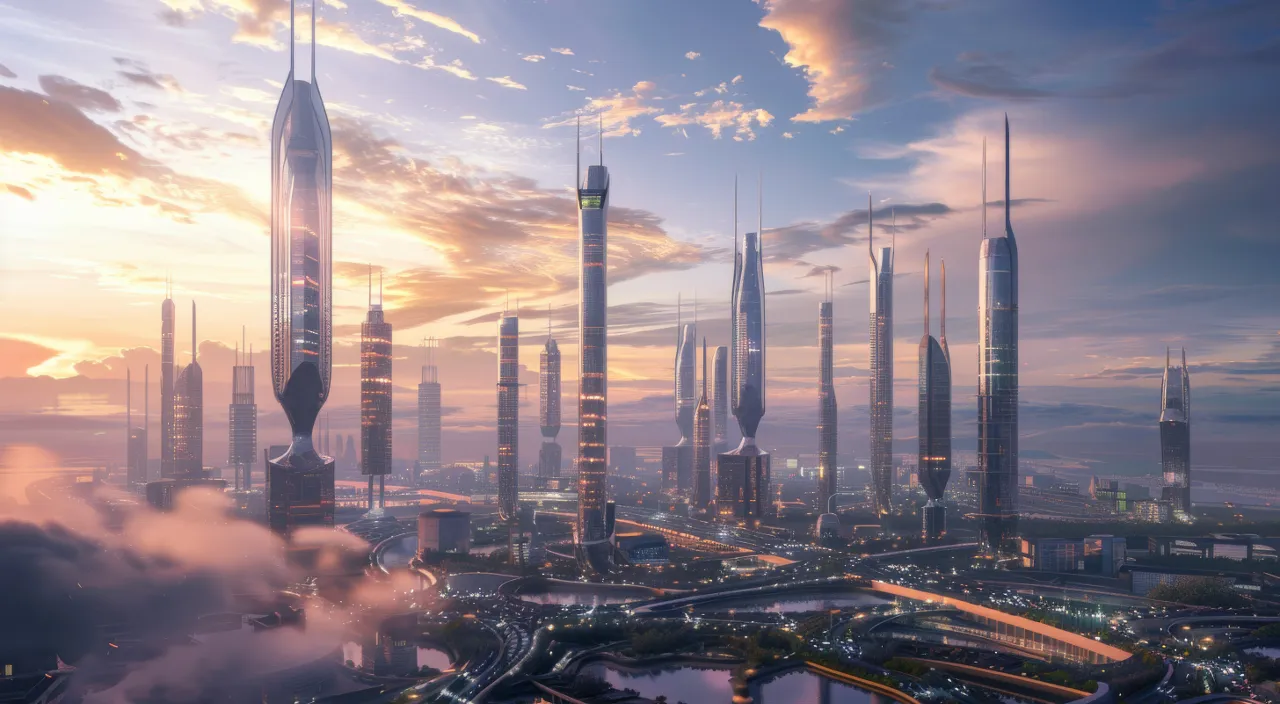 a futuristic city with a lot of tall buildings