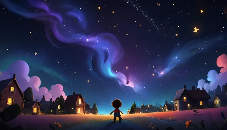 a little boy standing in the middle of a field under a night sky