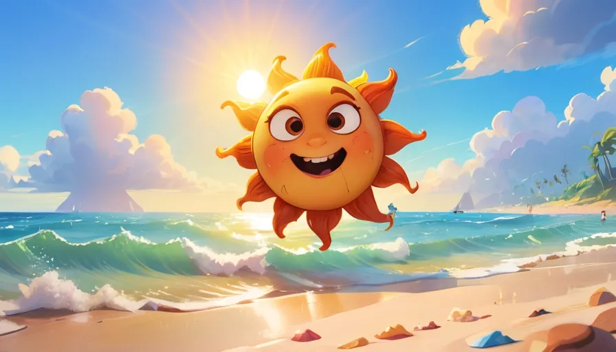 a cartoon sun flying over a beach next to the ocean