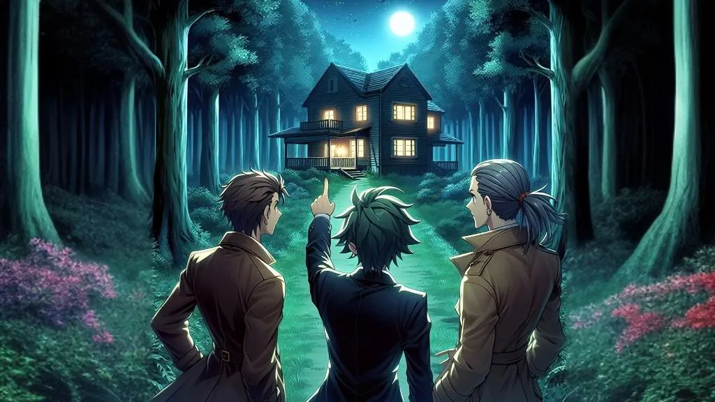 There is a house in the middle of the forest and three 3 youngsters man are looking at it pointing towards the hunted tample, night time 