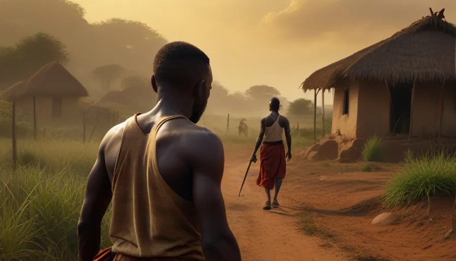 a man and a woman walking down a dirt road