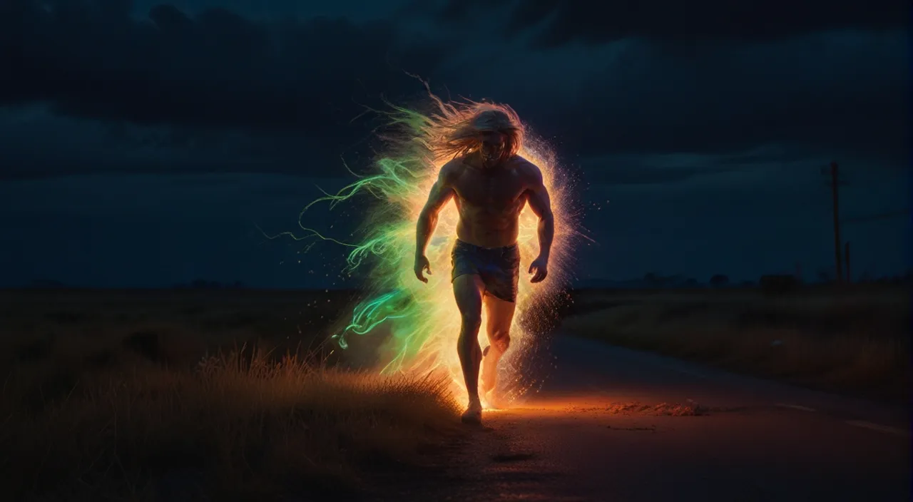 A man running through a field of flames at night, sparks and embers flying all around him