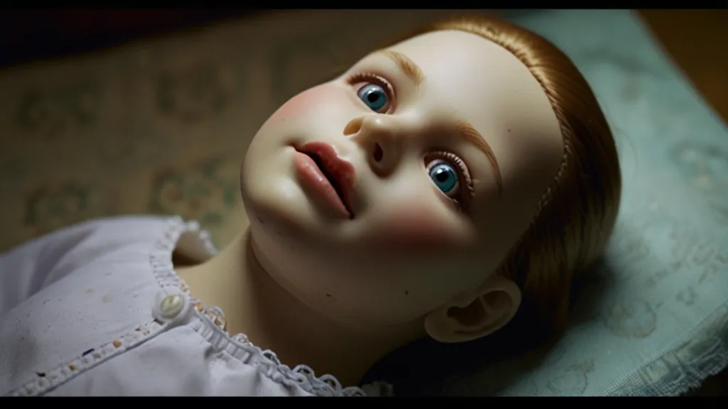 a close up of a doll laying on a bed