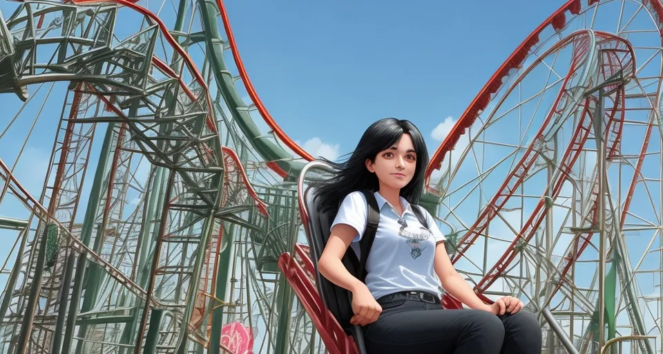 a woman sitting on a chair in front of a roller coaster