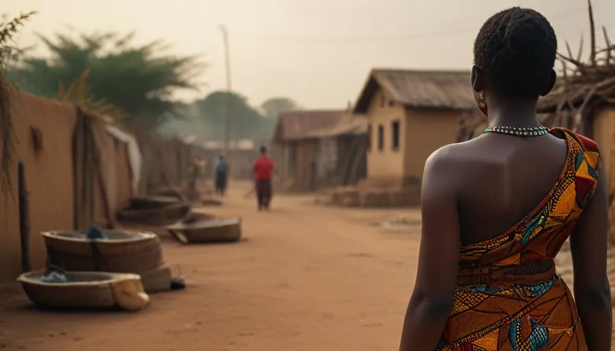 a woman in a colorful dress walking down a dirt road