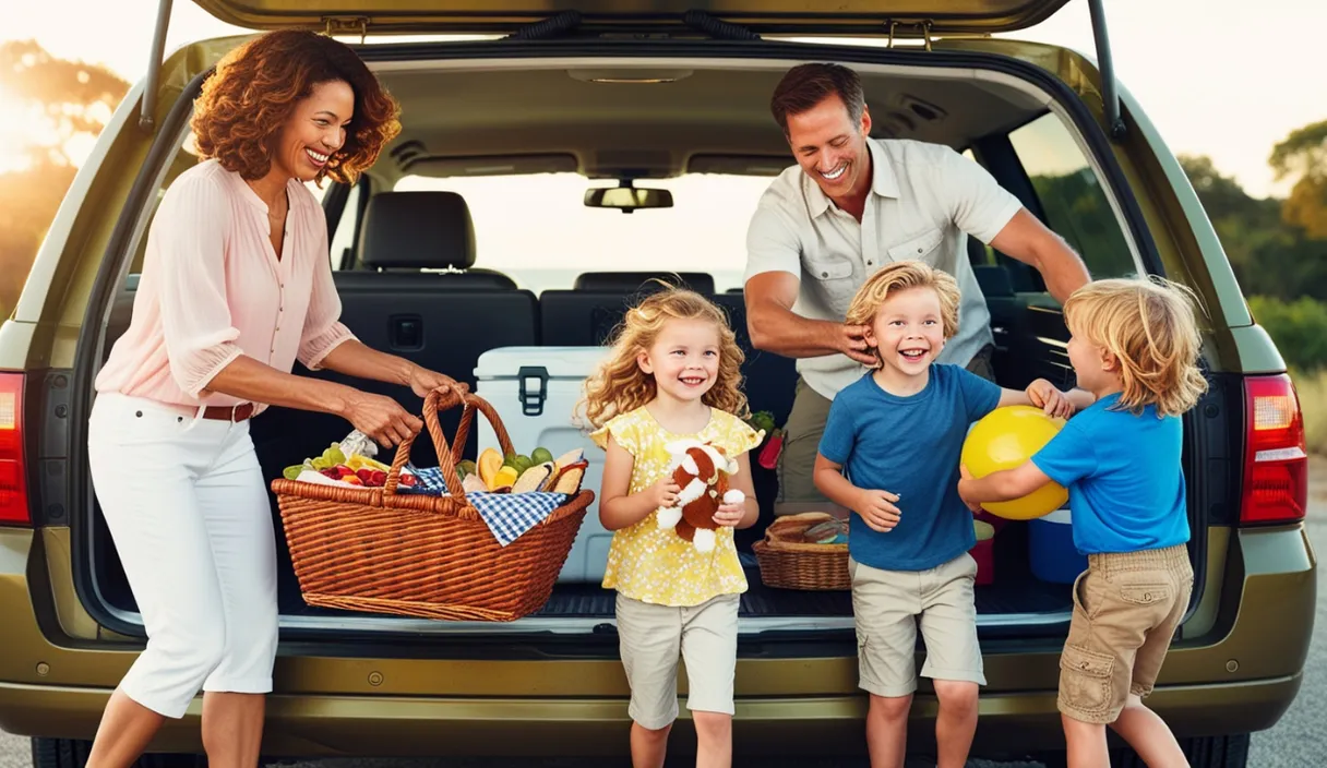 a group of people that are standing in the back of a car