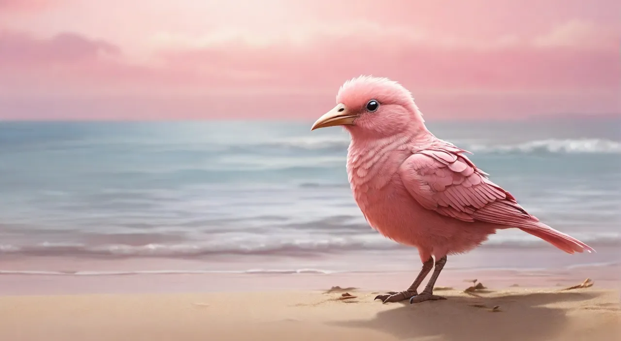 a pink bird standing on a sandy beach