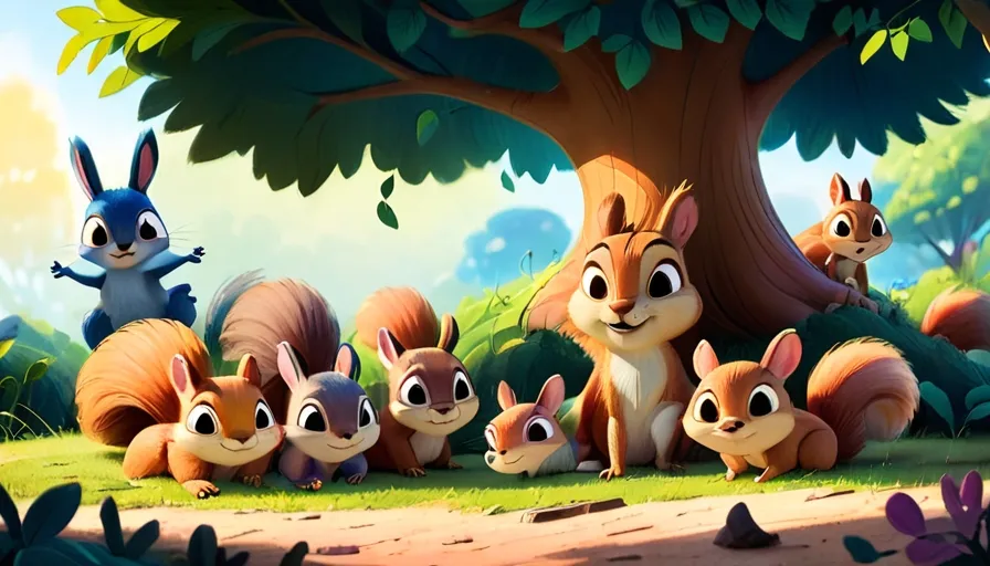 a group of squirrels, rabbits and deer standing in front of a tree