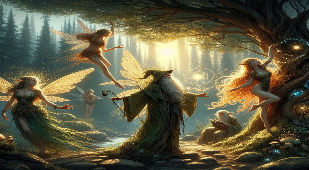 a painting of a group of faeries in a forest