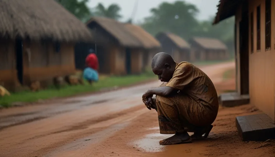 a man kneeling down on a dirt road