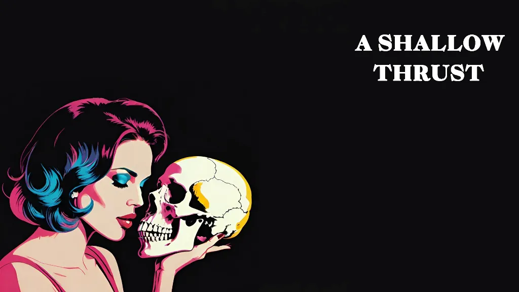 a drawing of a beautiful woman holding a skull and the exact unchanging words A SHALLOW THRUST