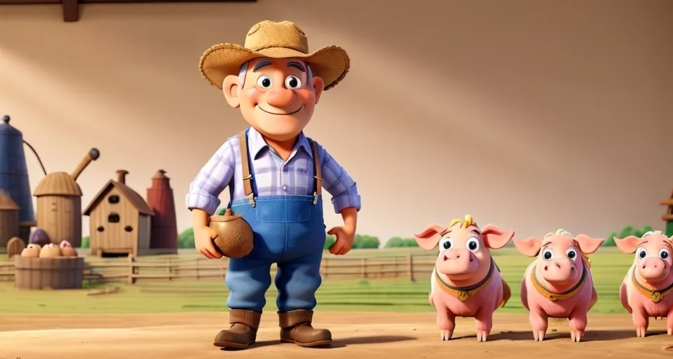 a man standing next to three pigs in a farm, 3d animation