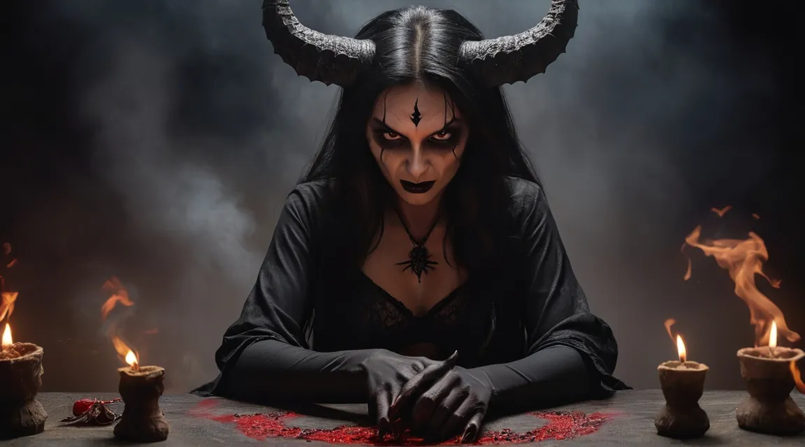 a woman with horns and makeup sitting in front of candles