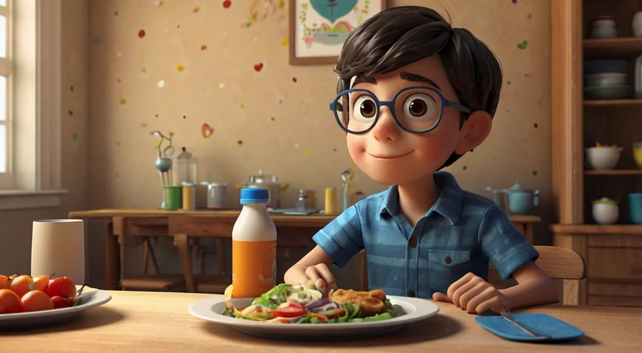 a boy sitting at a table with a plate of food in front of him