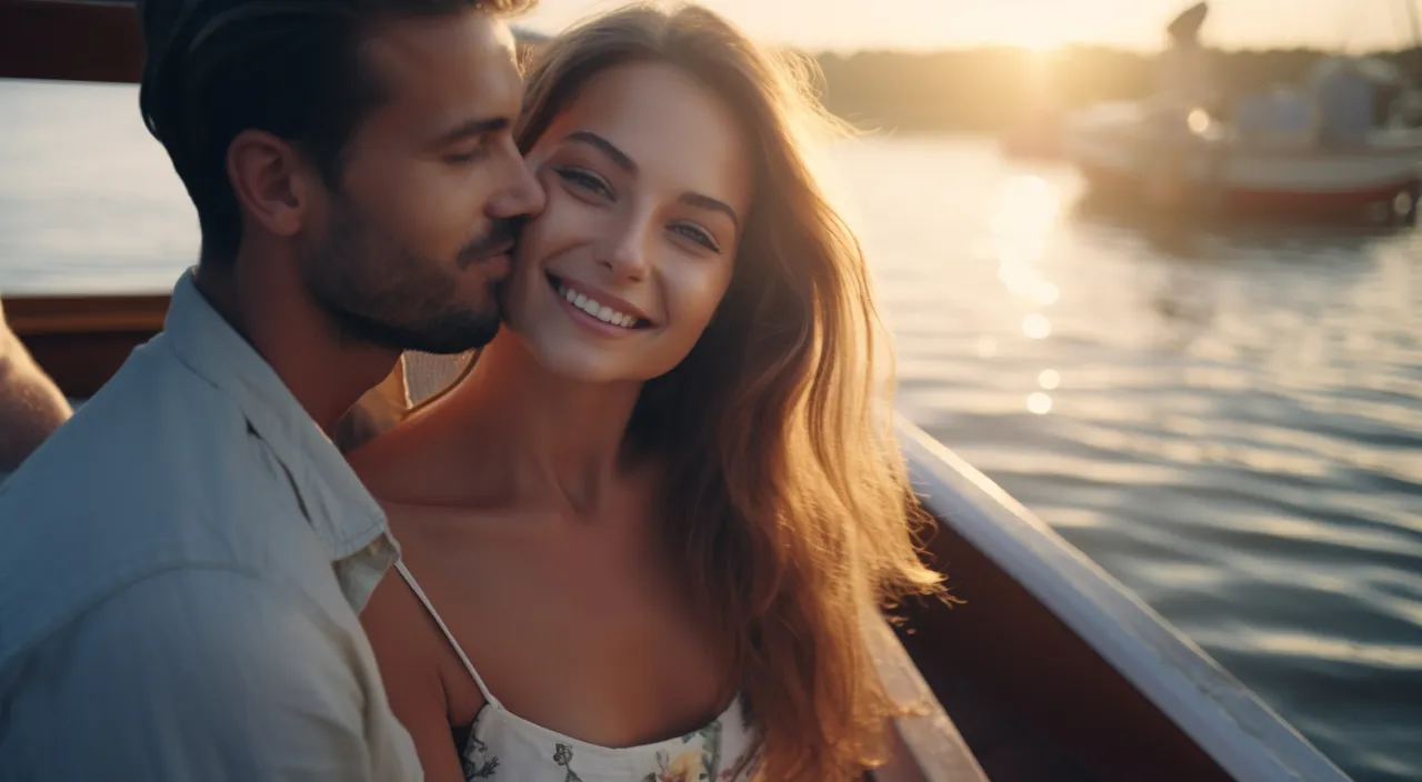 a man and a woman are kissing on a boat