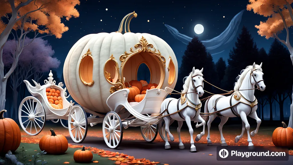 a painting of a horse drawn carriage with pumpkins