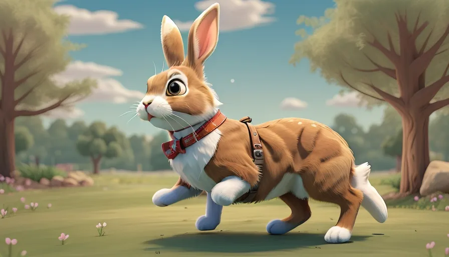 a brown and white rabbit running across a field, 3d nimation