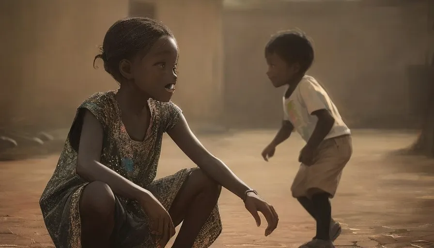 a young girl and a young boy playing with a soccer ball